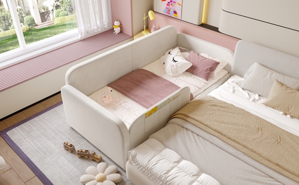 Kinder-Spleißbett Polsterbett Tagesbett Schlafsofa, Metallbettgestell, 3 Aufbewahrungstaschen, 2 Schubladen auf Rollen, Samt MDF Sperrholz, weiß, 90 x 200 cm Bild 9