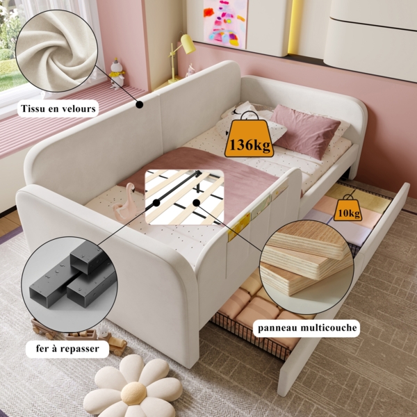 Kinder-Spleißbett Polsterbett Tagesbett Schlafsofa, Metallbettgestell, 3 Aufbewahrungstaschen, 2 Schubladen auf Rollen, Samt MDF Sperrholz, weiß, 90 x 200 cm Bild 7