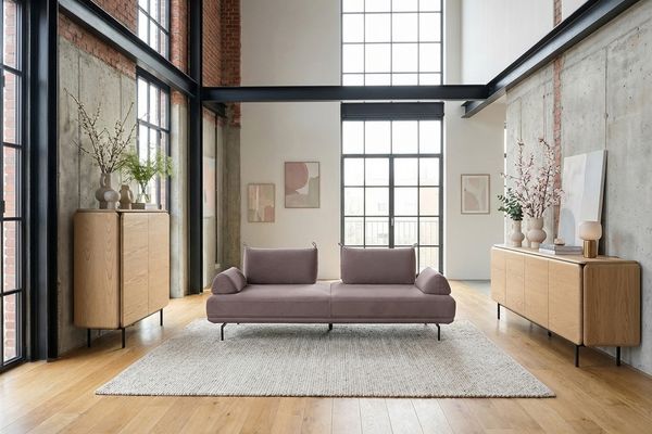 KAWOLA Sofa CANE Schlafsofa Daybed mit 2 Armlehnkissen Stoff lila 80 x 100 x 210 cm