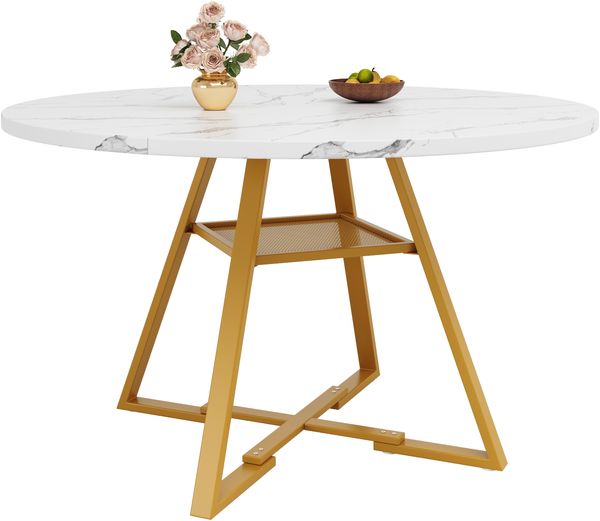 Runder Esstisch 120x120x75 cm, Marmoroptik, MDF & Metall,Weiß und Golden Bild 4