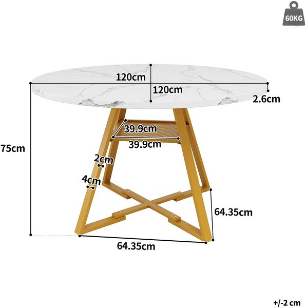 Runder Esstisch 120x120x75 cm, Marmoroptik, MDF & Metall,Weiß und Golden Bild 3