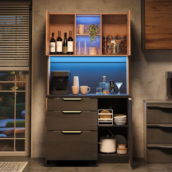 Merax 180 cm Küchenhochschrank, Betonoptik, schwarze Arbeitsplatte, einstellbare LED-Beleuchtung, Steckdose nach europäischer Norm