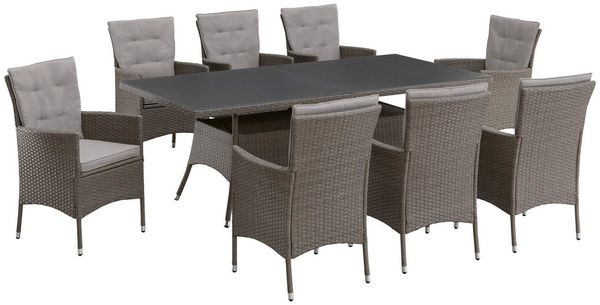 KONIFERA Garten-Essgruppe Mailand, (Set, 25-tlg, 8x Sessel, 1xTisch 200x100 cm, inkl. Auflagen, inkl. Schutzhülle), Polyrattan, verzinkter Stahl, Ablagefläche unter der Tischplatte