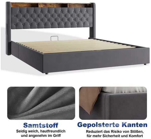 MODFU Polsterbett Mit Stauraum,LED-Beleuchtung und USB-Anschlüssen (Funktionsbett, 2-tlg, Stabiler Metallrahmen, inkl. Lattenrost, mit Matratze), 180x200 cm, Hollandvelours, Kopfteil-Ablage Bild 4