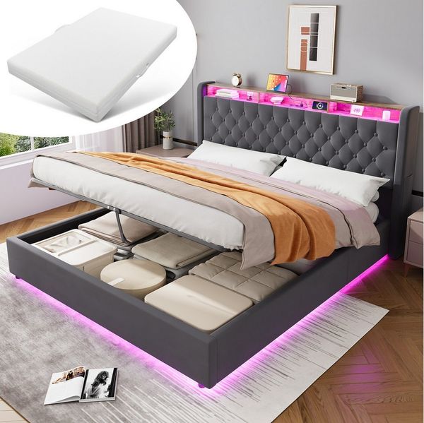 MODFU Polsterbett Mit Stauraum,LED-Beleuchtung und USB-Anschlüssen (Funktionsbett, 2-tlg, Stabiler Metallrahmen, inkl. Lattenrost, mit Matratze), 180x200 cm, Hollandvelours, Kopfteil-Ablage