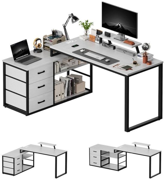 Furnicopia Eckschreibtisch 140cm mit Monitorarm, Computertisch mit drehbarer Tischplatte (Flexibel und schwenkbar, mit Steckdosen (2 Steckdosen + 2 USB-Anschlüsse), 3 großen Schubladen, 2 Ablageflächen)