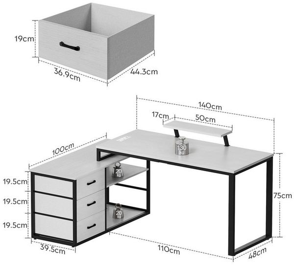 Furnicopia Eckschreibtisch 140cm mit Monitorarm, Computertisch mit drehbarer Tischplatte (Flexibel und schwenkbar, mit Steckdosen (2 Steckdosen + 2 USB-Anschlüsse), 3 großen Schubladen, 2 Ablageflächen)