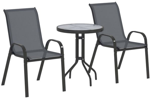 Outsunny Balkonset mit Glastisch, Stapelbare Gartenstühle, (Bistro-Set, 3-tlg, Balkonmöbel Set), Gartengarnitur Dunkelgrau