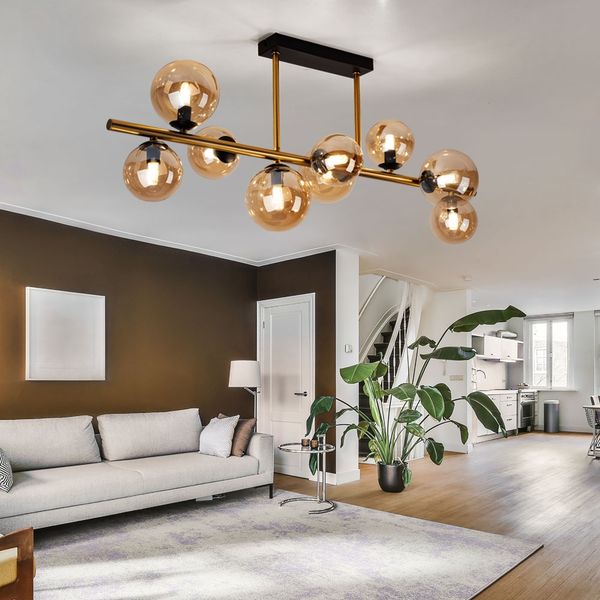 LED Deckenleuchte, Kugeln, Glas amber, messing, L 87 cm