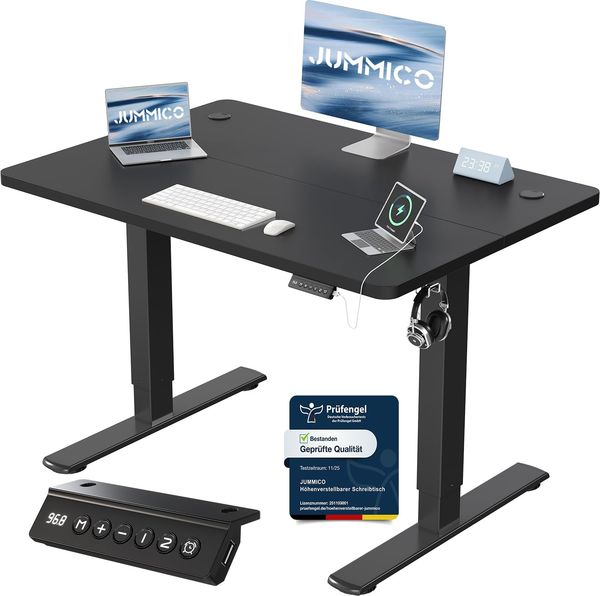 JUMMICO Schreibtisch elektrisch höhenverstellbar mit USB-Ladeanschluss, Schwarz, 100x60 cm