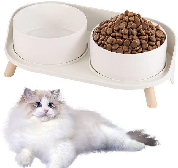 SURFOU Futternapf Hundenapf Katzennapf Fressnapf 300mlx2 Doppel Napf mit Ständer, Keramik Futter Wasser Napfset für Hunde und Katze bis Mittlere