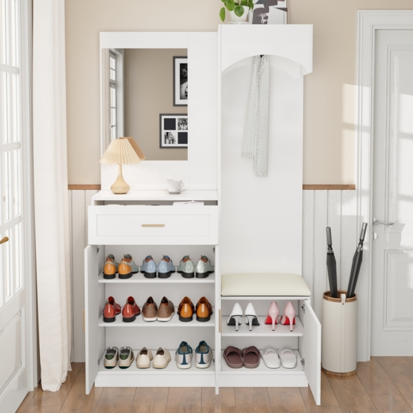 Merax Kompaktgarderoben, Garderobenschrank und Schuhschrankkombination, Eingangsschrank, multifunktionales Lagerregal mit Spiegel, Weiß
