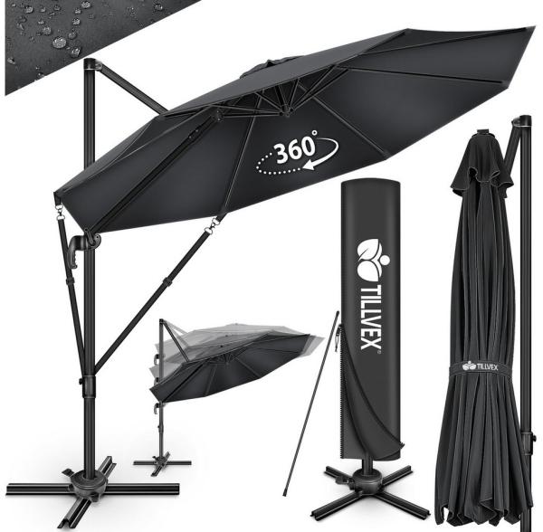tillvex® Sonnenschirm verstellbar mit Kurbel, 360° drehbar, Polyester / Aluminium anthrazit, Ø 300 cm