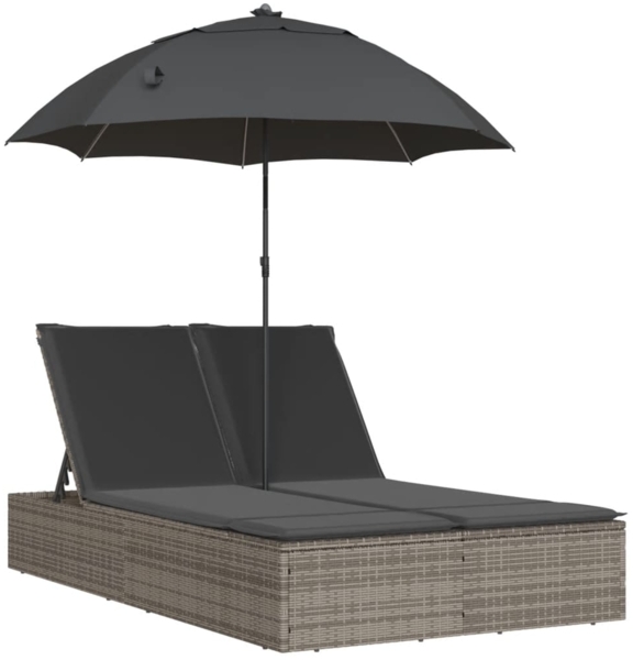 vidaXL Doppel-Sonnenliege mit Kissen & Sonnenschirm Grau Poly Rattan 368083