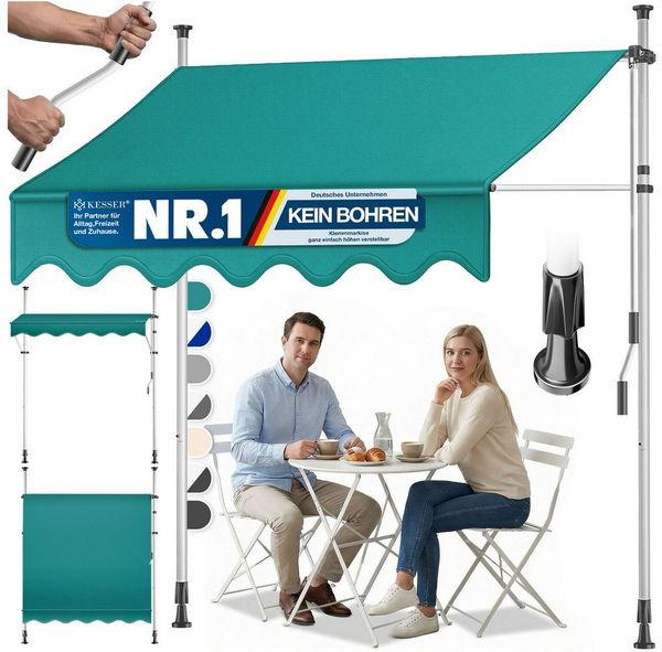 KESSER® Klemmmarkise mit Handkurbel Balkon, Balkonmarkise ohne Bohren, UV-beständig höhenverstellbar wasserabweisend , Sonnenschutz, Terrassenüberdachung , einfache Montage 150cm, Petrol Grün