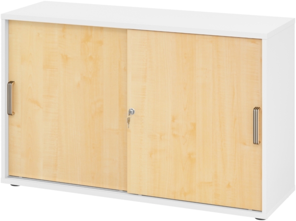 bümö Schiebetürenschrank 2OH - Aktenschrank abschließbar, Sideboard Schrank mit Schiebetüren in Weiß/Ahorn, Streifengriff - Büroschrank aus Holz mit Schiebetür, Büro Kommode für Ordner & Co, 1752S-W-3-SG
