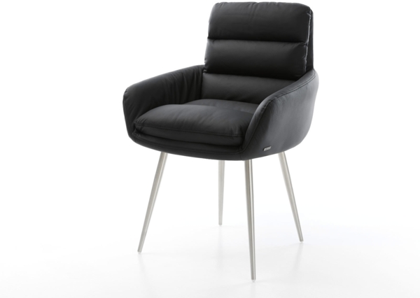 Esszimmerstuhl Abelia-Flex mit Armlehnen Echt-Leder Schwarz 4-Fuß konisch Edelstahl