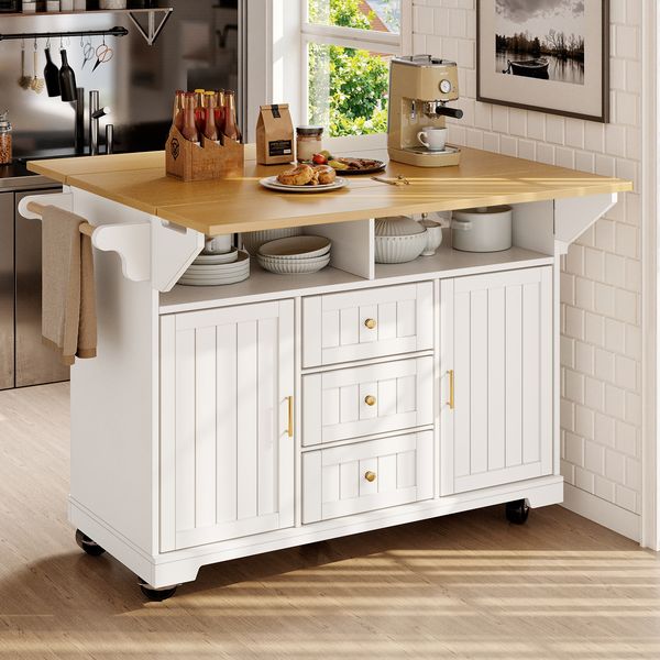 Kücheninsel, Schrank, Buffetschrank 120 x 40 (80) x 95 cm, ausziehbarer Küchenwagen mit Rollen, beidseitig ausziehbar, mit Handtuchhalter und Gewürzregal, zwei Türen, drei Schubladen, schwarz/weiß