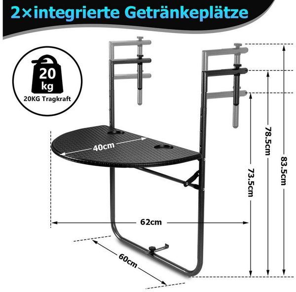 Clanmacy Balkonhängetisch 84x60x64cm bis 20kg Balkontisch Garden Hängetisch Klappbar Klapptisch (Ausklappbar, 1 Tisch)