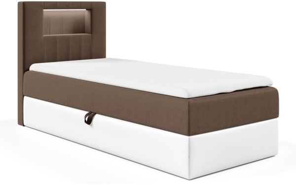 MEBLINI Kinderbett mit Bettkasten GARETH 1 90x200 Links – H3/Braun Samt Gepolstert Einzelbett mit Matratze - Polsterbett mit Stauraum - Bett mit Kopfteil – Stauraumbett