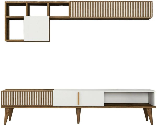 Dmora Wohnzimmermöbel Ostro, Modulares Wohnzimmerset, Mehrzweck-Wohnzimmermöbel, Moderner TV-Schrank, 180x35h40 cm, Walnuss und Weiß