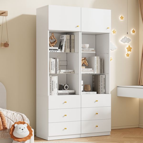 Merax 180cm Vitrine, 2er-Set, Hochschrank,Aufbewahrungsschrank, Bücherregal, mit offenem Stauraum, mit Schubladen, höhenverstellbare Glasböden, Weiß