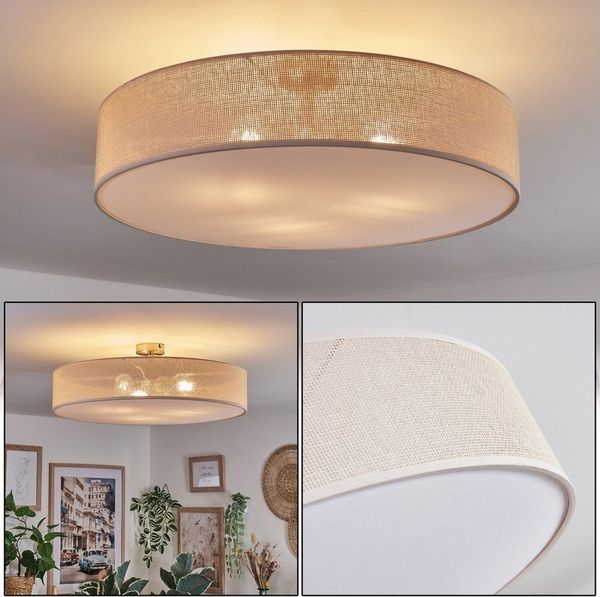 hofstein Deckenleuchte Deckenlampe aus Metall/Papiergeflecht/Kunststoff in Nickel/Natur/Weiß, ohne Leuchtmittel, runde Leuchte im Boho-Design (60 cm), E27, Esszimmer, Wohnzimmer