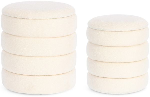 Pouf Katerina 2er-Set aus Boucle-Stoff, Weiß, 34 x 34 x 39 / 40 x 40 x 45 cm
