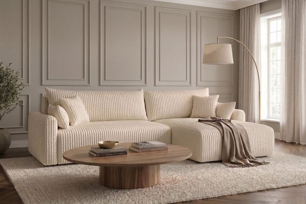 Kaiser Möbel Ecksofa mit Schlaffunktion für Wohnzimmer, Cordstoff Tilia, JAPANDI, Japandi-Stil, Abgerundete Form, Cordstoff mit hoher Abriebfestigkeit