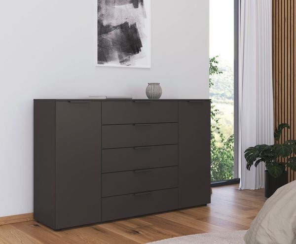 Rauch Möbel Flipp, Kombikommode, Kommode mit Stauraum für Wohnzimmer, Schlafzimmer, Flur, 4 Fachböden, Graphit, 2-türig, 5 Schubkästen, Griffe graphit, 160 x 100 x 42 cm Bild 2