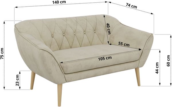 Polstersofa PIRS 2 Skandinavisches Sofa 2-Sitzer, Sofa mit Wellenfederung, Breite 140 cm, Buche Füße Hoher Sitzkomfort - Beige Velvet Bild 5