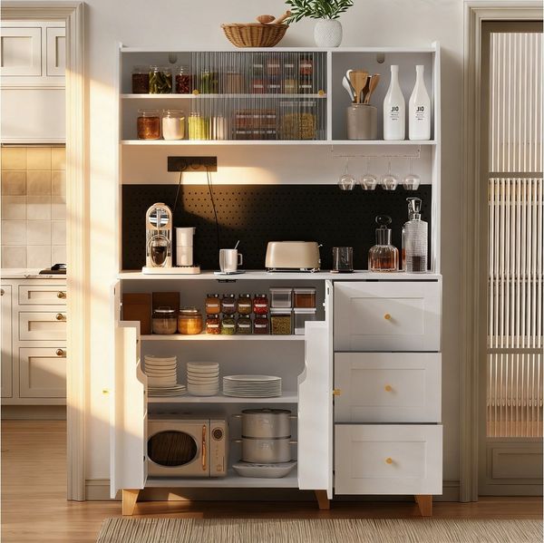 BlingBin Hochschrank Küchenbuffet Küchenschrank Buffetschrank mit Steckdosen & Lochbrett (1er Set, 1-St, Gesamtabmessungen: 120 × 40 × 184 cm, Gewichtskapazität: 60kg) Barschrank mit Weinglashaltern, Stauraum & Schubladen für Küche, Weiß