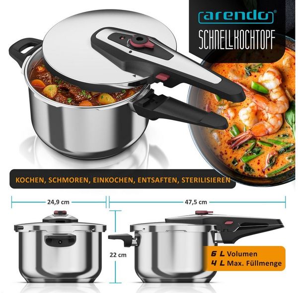 Arendo Schnellkochtopf 6 Liter Edelstahl Dampfkochtopf mit Sicherheitssystem, 2x Druckstufen, Edelstahl (1-tlg), Dampfgaren, Einkochen, Für Induktionsherde, Gasherde und Ceranfelder