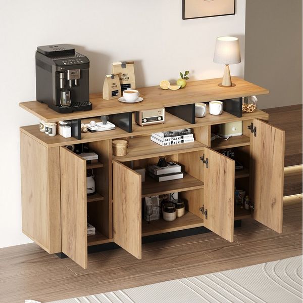 Flieks Mehrzweckschrank Sideboard mit 4 Türen und verstellbarer Ablagen (1-St, 140x40x85 cm) Küchenschrank Holzschrank mit Arbeitsplatte und offenen Fächern Natur
