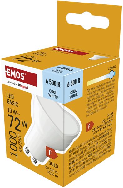 EMOS - LED Lampe Spot, 10 W Ersatz für 72 W Halogenlampe - MR16 Reflektorlampe mit GU10 Sockel - Helligkeit 1000 lm Kaltweiß 6500 K - 20000 h Lebensdauer, CRI min. 80, 110° Abstrahlwinkel - Weiß
