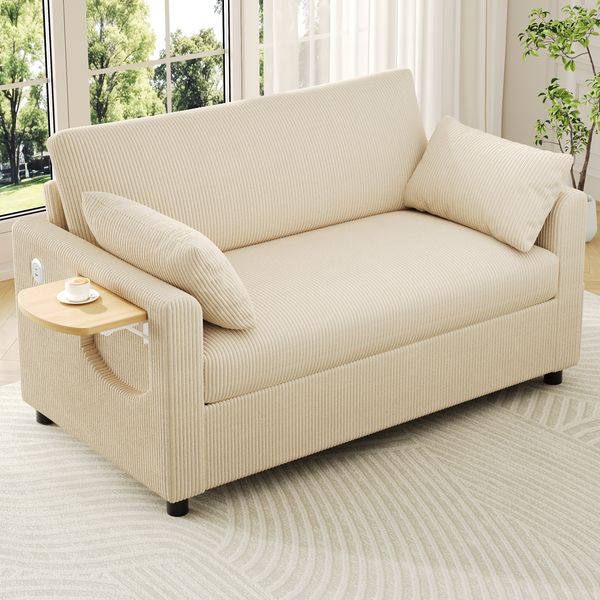 Schlafsofa 134/223x82x84 cm in Beige, Cord mit Schlaffunktion, Matratze, USB/USB-C und klappbarem Seitentisch