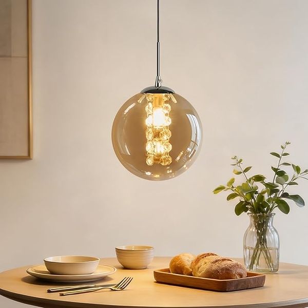 ZMH Pendelleuchte Glas Modern 1 Flammig Bernstein Esstischlampe 120CM Höhenverstellbar G9 Für Esstisch Schlafzimmer Esszimmer Bar