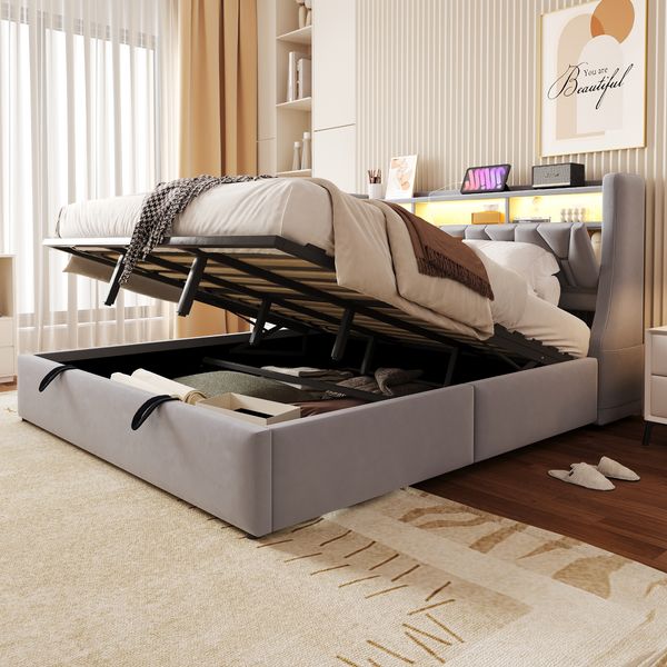 Polsterbett 180x200 cm ohne Matratze, Samt in Hellgrau, Bettkasten mit LED, USB/Typ-C, klappbares Kopfteil