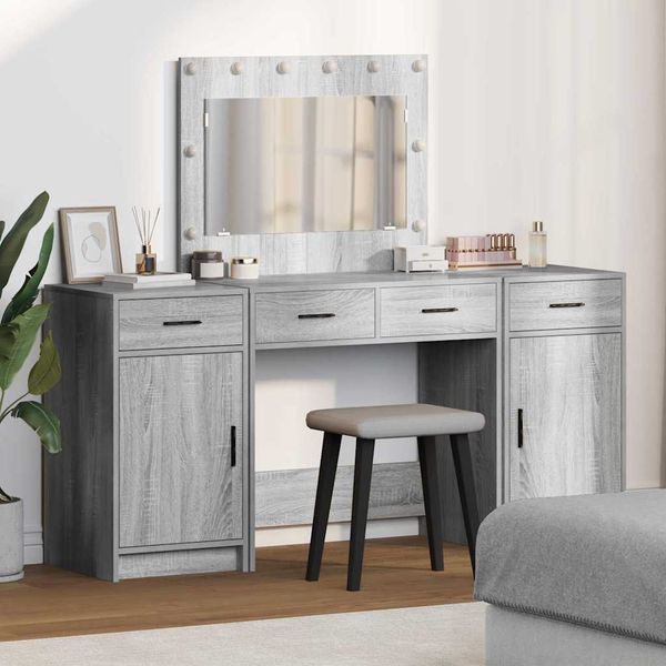 vidaXL Schminktisch mit Spiegelbeleuchtung 3 pcs Grau Holzwerkstoff 3334250