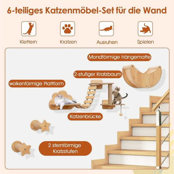 KOMFOTTEU Kratzbaum Kletterwand, mit Hängematte, 2 Kratzstangen, 2 Plattformen, Brücke