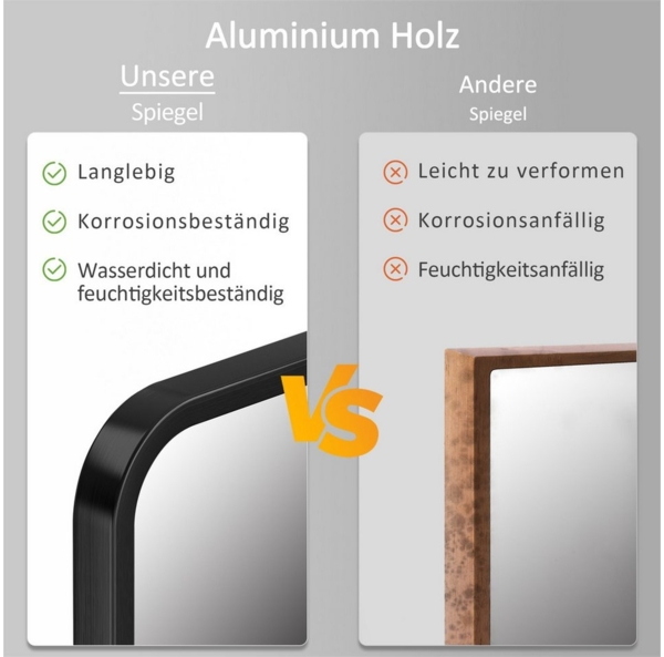 Hopibath Wandspiegel groß 100x60 60x100 Spiegel Bad mit Alurahmen (Badspiegel Flurspiegel, Rechteckig), 5mm HD Glas, 2 Installationsmethoden Bild 3