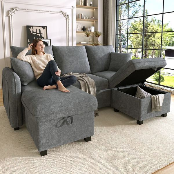Flieks U-Form Ecksofa mit Stauraum, 3-Sitzer Schlafsofa mit 2 Hockern, Schubladen & Kissen, Chenille, 188 x 186 x 86 cm, Grau