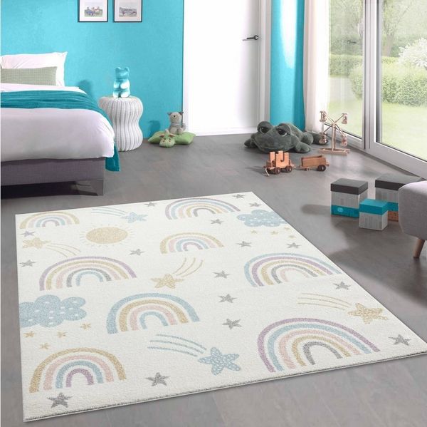 Carpetia Teppich Kurzflor Teppich Kinder creme-mix pastell Regenbogen Sterne, rechteckig, Höhe: 9 mm