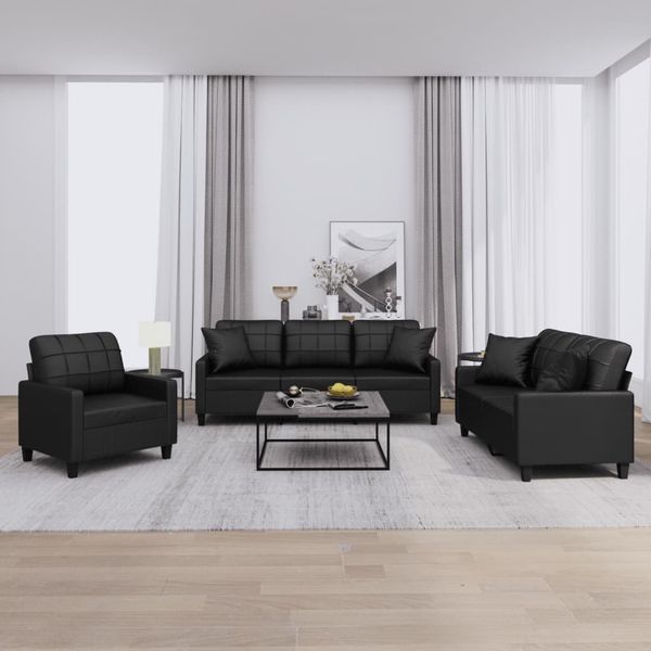 vidaXL 3-tlg. Sofagarnitur mit Kissen Schwarz Kunstleder 3201348