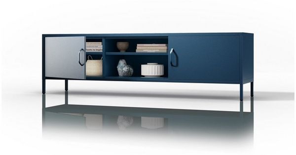 Jan Nowak Couchtisch Moderner Metalltisch Mit 2 Seitlichen Fächern & Offenem AV-Fach Robuste Stahlkonstruktion 40 kg Belastbarkeit Modell Rosaria 90 x 45 x 45 cm Marineblau