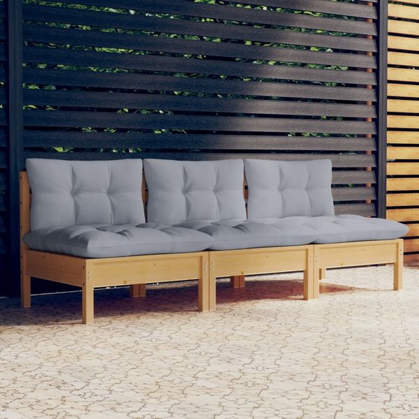 vidaXL 3-Sitzer-Gartensofa mit Grauen Kissen Massivholz Kiefer 3096075