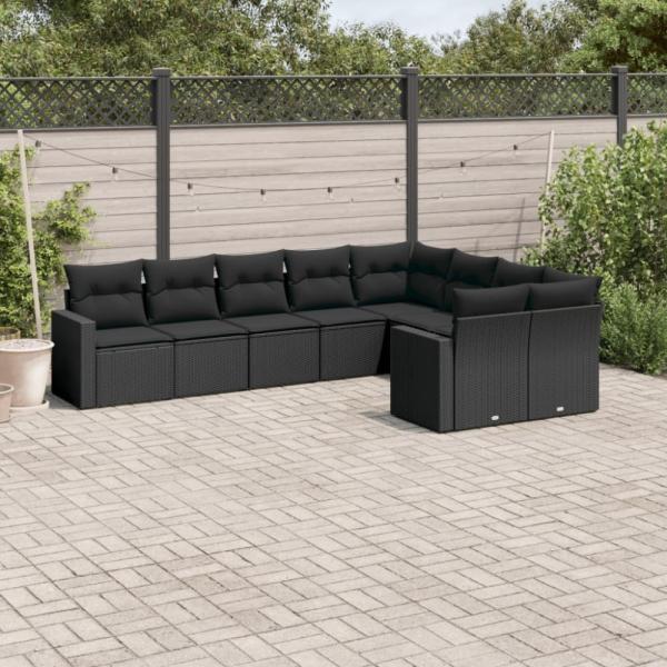vidaXL 9-tlg. Garten-Sofagarnitur mit Kissen Schwarz Poly Rattan 3219425