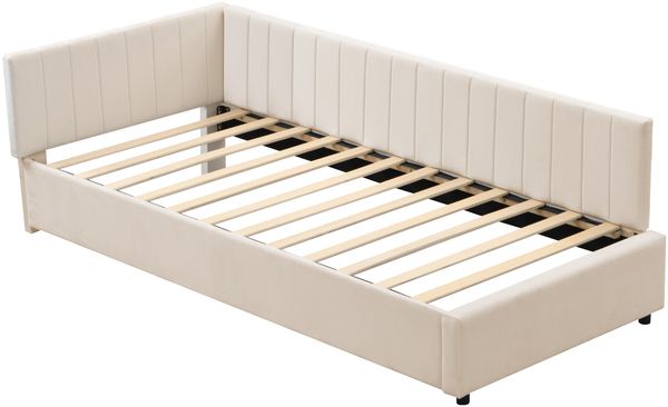Polsterbett 90×200 cm als Schlafsofa mit Lattenrost, Samt Beige, ohne Matratze Bild 6