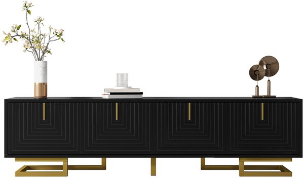 TV-Schrank, Lowboard mit strukturierten Türen, TV-Möbel, goldene Griffe und goldene Beine