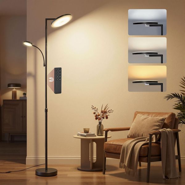 VASAGLE Stehlampe Wohnzimmer, LED-Stehleuchte höhenverstellbar, Standleuchte 42W, drehbarer Lampenkopf, Schlafzimmer, Büro, Leselampe, Timer, Tasten- und Fernbedienung, mattschwarz LFL028BD02